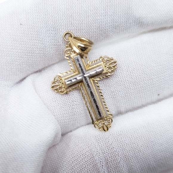 14K Two-Tone Solid Gold Vintage Cross Pendant 1.6g 1.25"H - Picture 3 of 11
